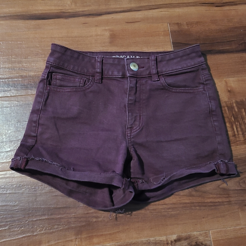 AMERICAN EAGLE SHORTS SZ‎ 0 HI-RISE SHORTIE SUPER STRETCH BURGUNDY AEO Denim